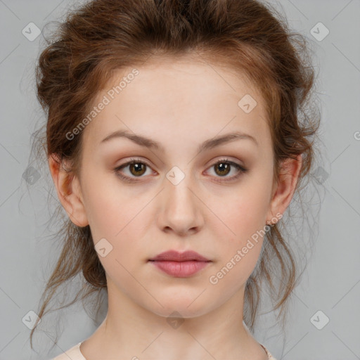 Neutral white young-adult female with medium  brown hair and brown eyes