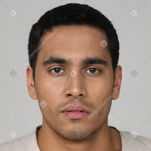 Neutral latino young-adult male with short  black hair and brown eyes