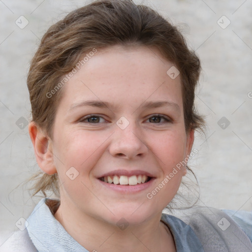 Joyful white child female with medium  brown hair and brown eyes