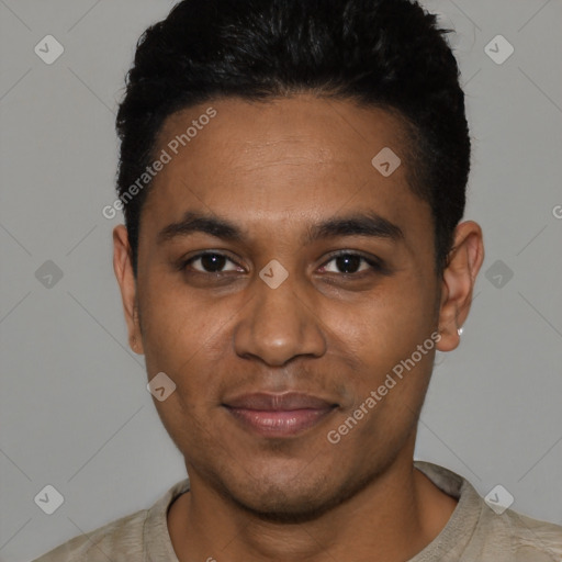 Joyful black young-adult male with short  black hair and brown eyes