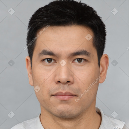 Neutral asian young-adult male with short  black hair and brown eyes