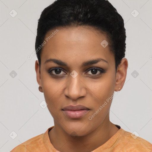 Joyful latino young-adult female with short  black hair and brown eyes