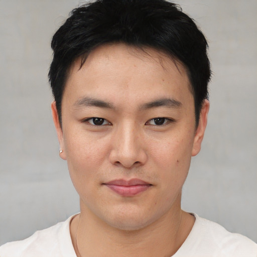 Neutral asian young-adult male with short  black hair and brown eyes