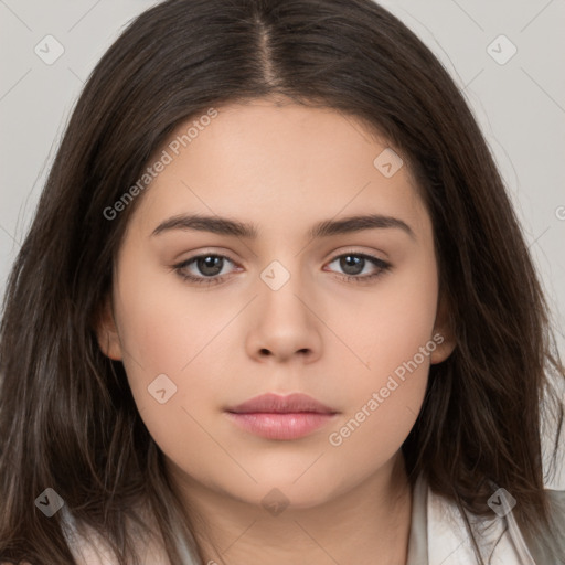 Neutral white young-adult female with long  brown hair and brown eyes