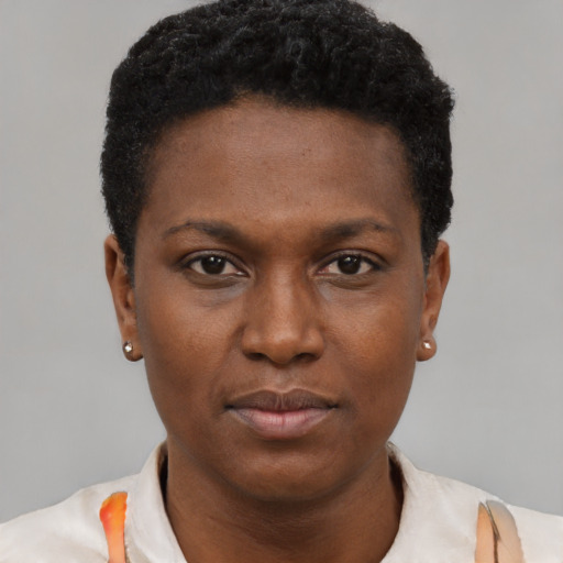 Neutral black young-adult female with short  black hair and brown eyes