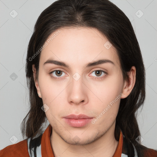 Neutral white young-adult female with medium  brown hair and brown eyes