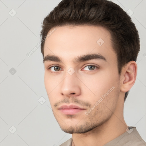 Neutral white young-adult male with short  brown hair and brown eyes