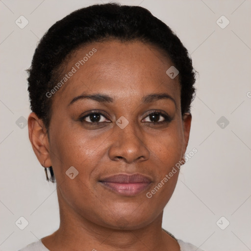 Joyful black adult female with short  brown hair and brown eyes