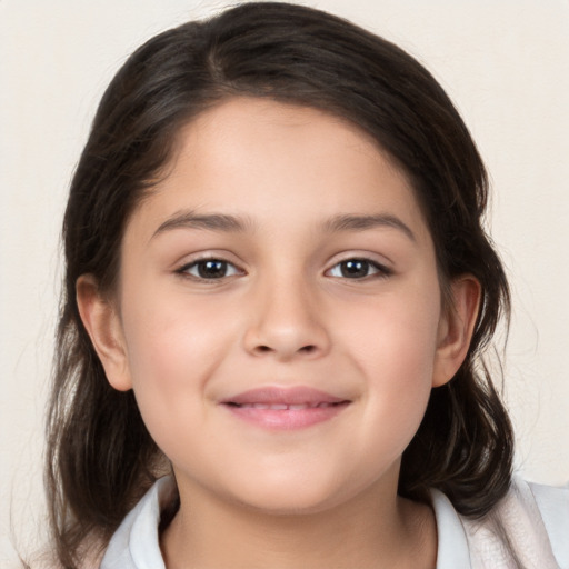 Joyful white child female with medium  brown hair and brown eyes