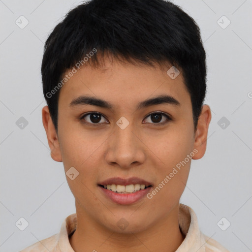 Joyful asian young-adult male with short  brown hair and brown eyes