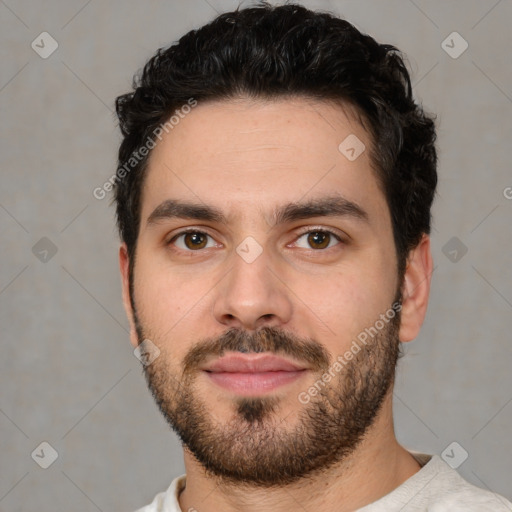 Neutral white young-adult male with short  brown hair and brown eyes