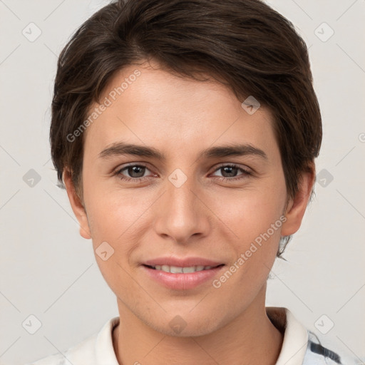 Joyful white young-adult female with short  brown hair and brown eyes