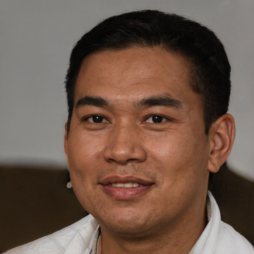 Joyful white adult male with short  black hair and brown eyes