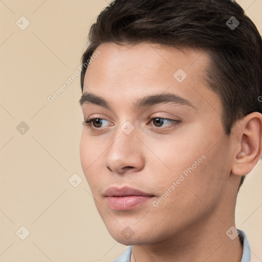 Neutral white young-adult male with short  brown hair and brown eyes