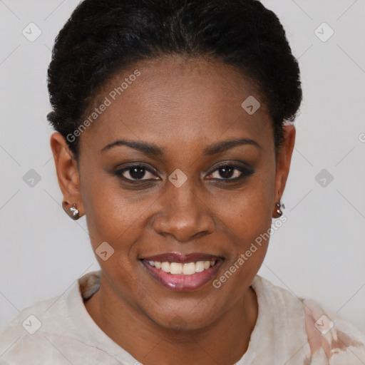 Joyful black young-adult female with short  brown hair and brown eyes