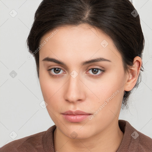 Neutral white young-adult female with medium  brown hair and brown eyes