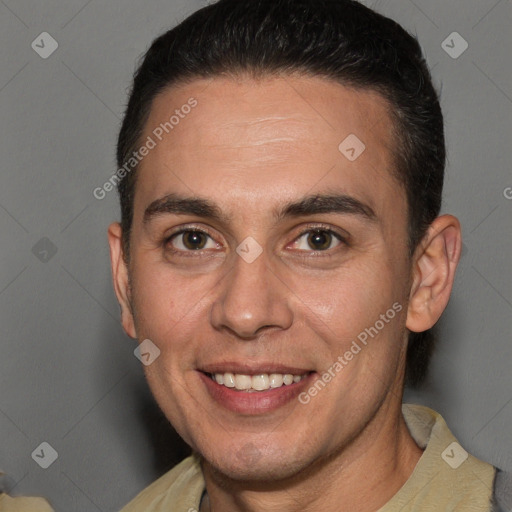 Joyful white adult male with short  brown hair and brown eyes