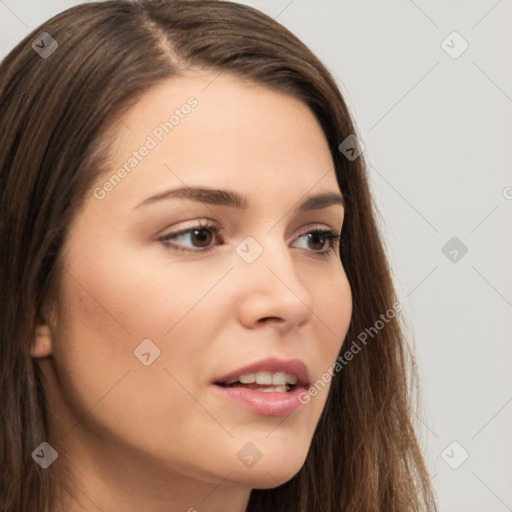 Neutral white young-adult female with long  brown hair and brown eyes