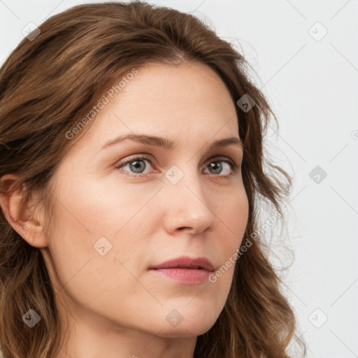 Neutral white young-adult female with long  brown hair and grey eyes