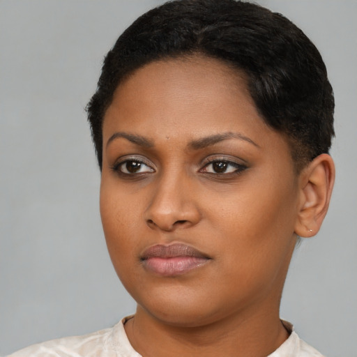 Neutral black young-adult female with short  brown hair and brown eyes