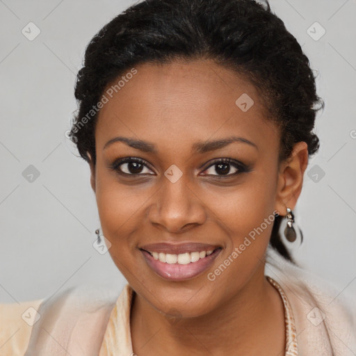 Joyful black young-adult female with long  brown hair and brown eyes