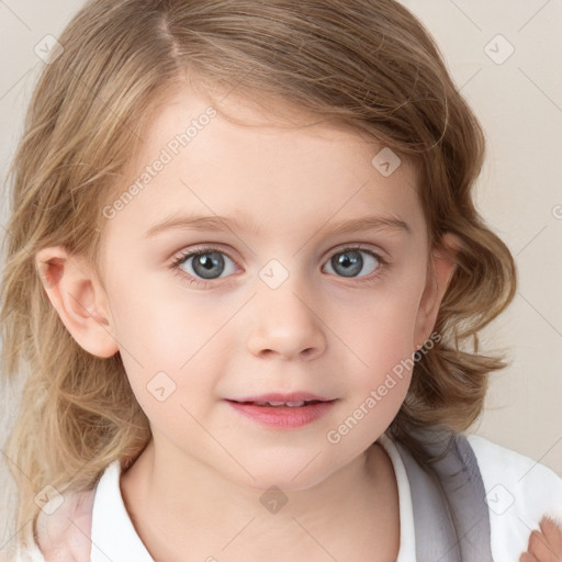 Neutral white child female with medium  brown hair and blue eyes