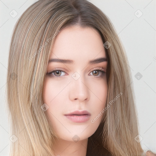 Neutral white young-adult female with long  brown hair and brown eyes