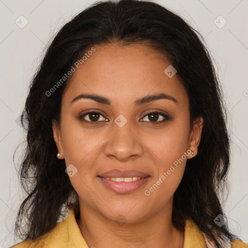 Joyful latino young-adult female with long  brown hair and brown eyes