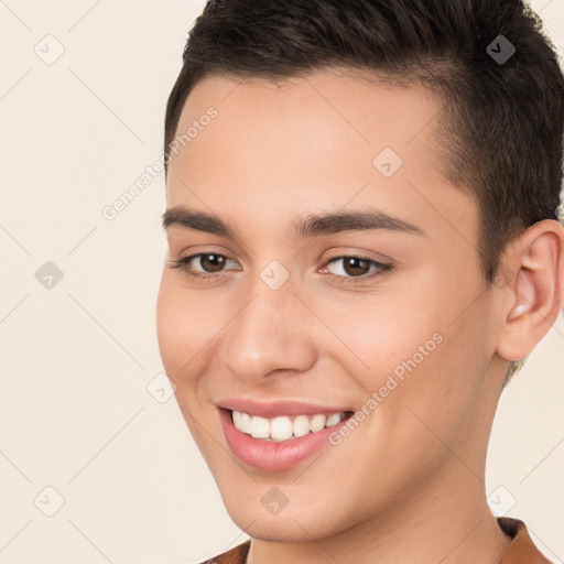 Joyful white young-adult female with short  brown hair and brown eyes