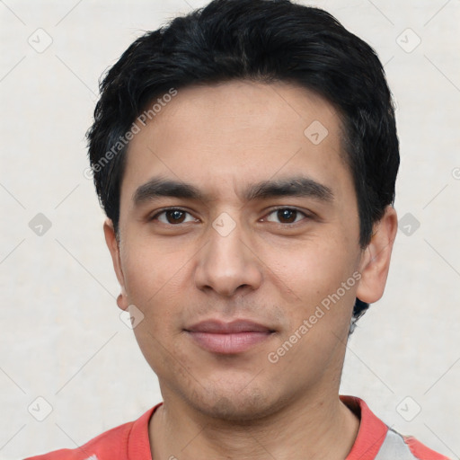 Neutral asian young-adult male with short  black hair and brown eyes