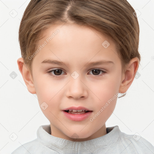 Joyful white child female with short  brown hair and brown eyes