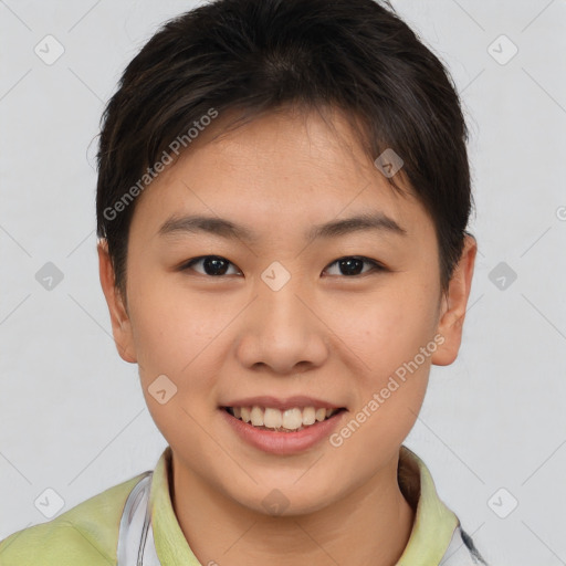 Joyful asian young-adult female with short  brown hair and brown eyes