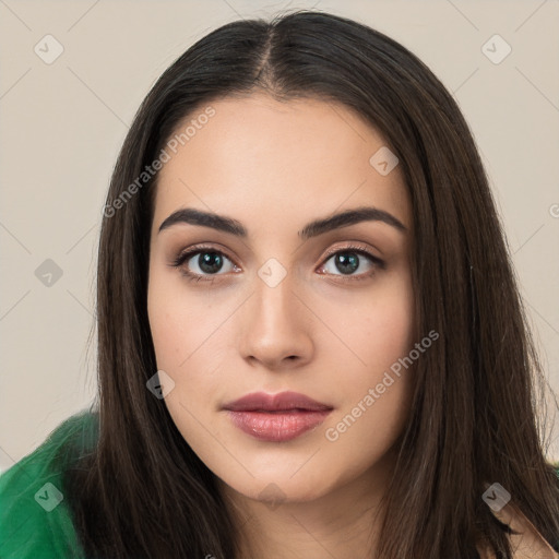 Neutral white young-adult female with long  brown hair and brown eyes