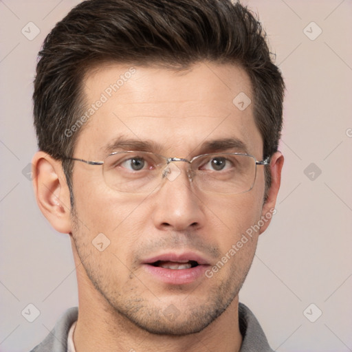 Neutral white adult male with short  brown hair and brown eyes