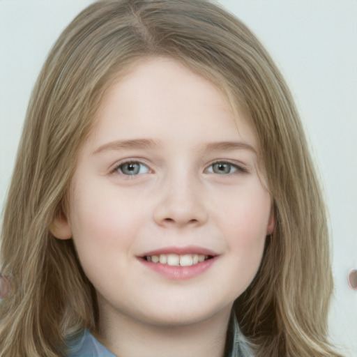 Joyful white child female with long  brown hair and grey eyes