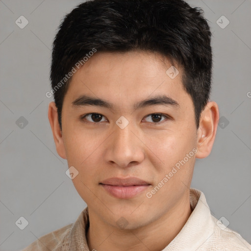 Neutral asian young-adult male with short  brown hair and brown eyes