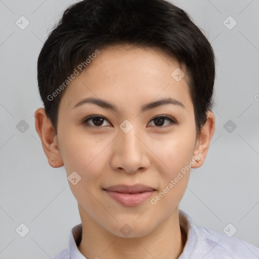 Joyful asian young-adult female with short  brown hair and brown eyes