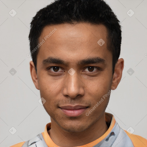 Neutral white young-adult male with short  black hair and brown eyes
