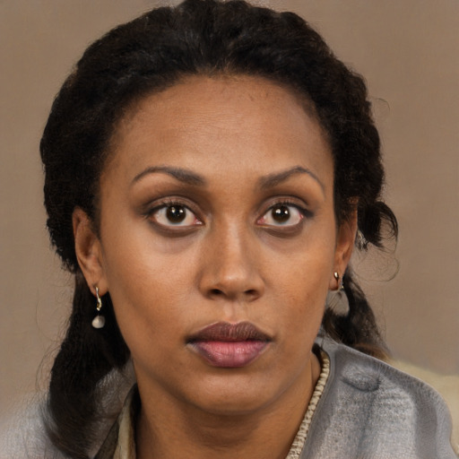 Neutral black adult female with medium  brown hair and brown eyes