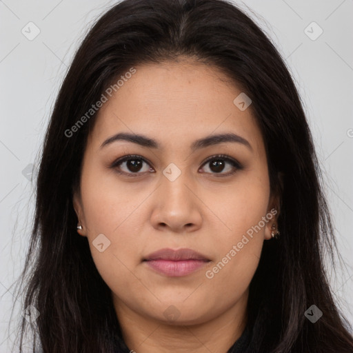 Joyful latino young-adult female with long  brown hair and brown eyes