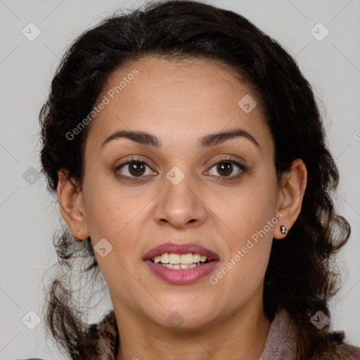 Joyful latino young-adult female with medium  brown hair and brown eyes