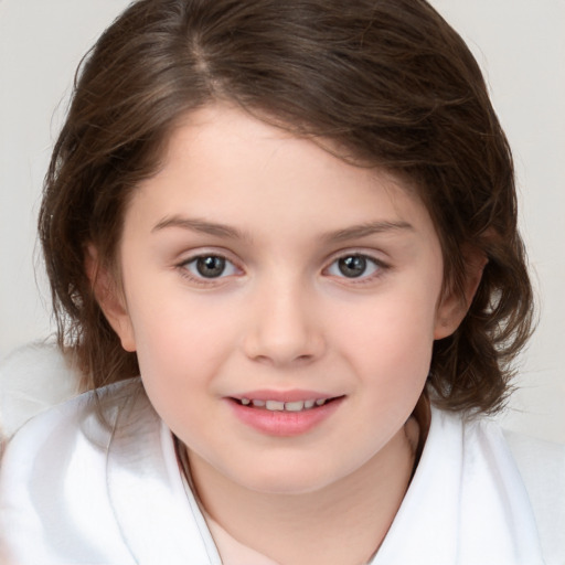 Joyful white child female with medium  brown hair and brown eyes