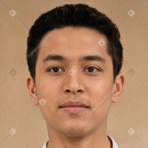 Neutral latino young-adult male with short  black hair and brown eyes