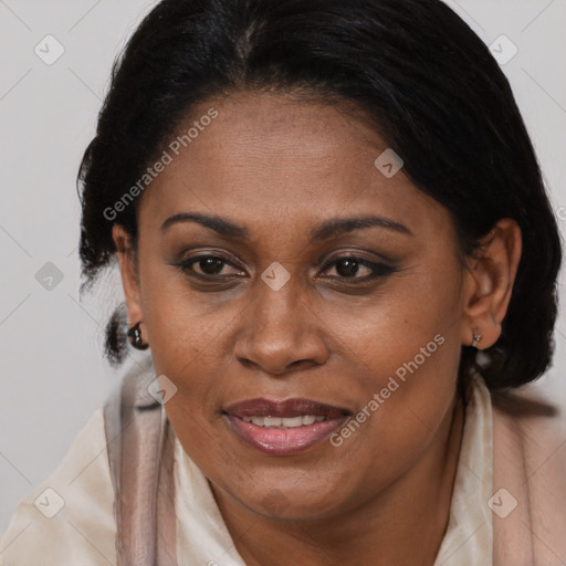 Joyful black adult female with medium  brown hair and brown eyes