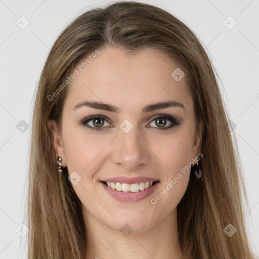 Joyful white young-adult female with long  brown hair and green eyes