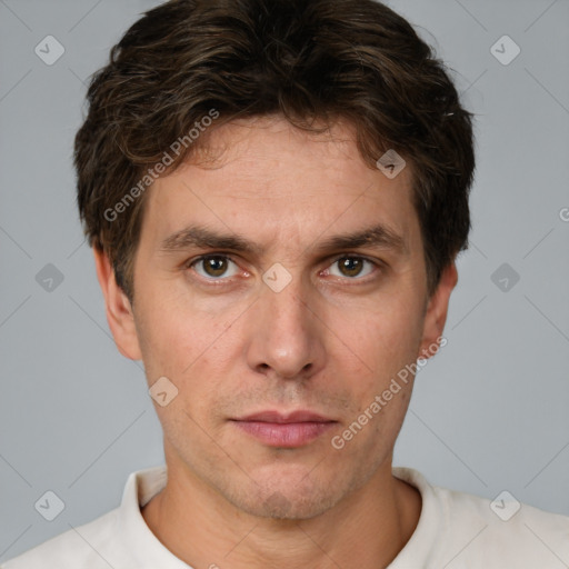 Neutral white young-adult male with short  brown hair and brown eyes