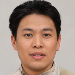 Neutral asian young-adult male with short  brown hair and brown eyes