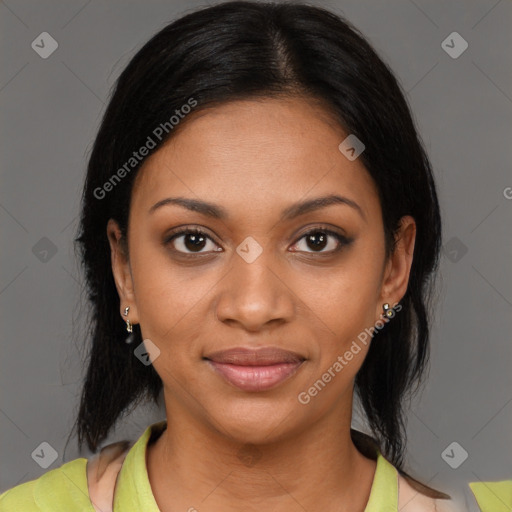 Joyful black young-adult female with medium  black hair and brown eyes