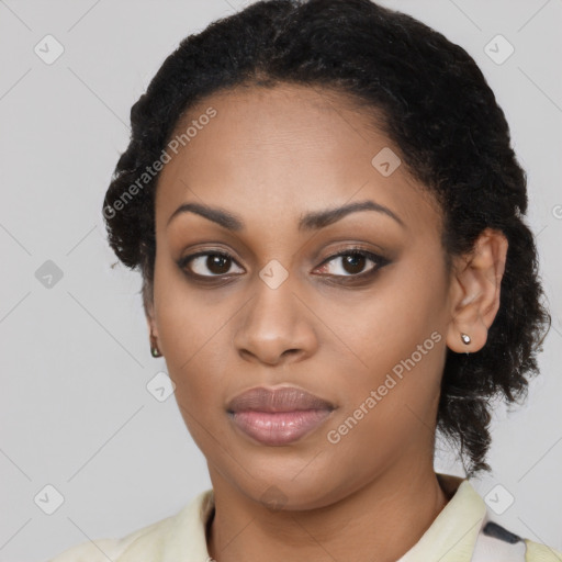 Joyful latino young-adult female with short  black hair and brown eyes