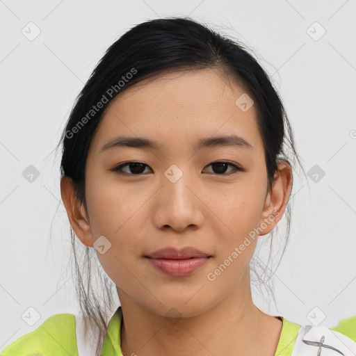 Joyful asian young-adult female with medium  black hair and brown eyes